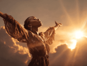 A woman in a flowing brown dress stands outside with arms outstretched, eyes closed, and head tilted back. The sun is setting behind dramatic clouds, casting a golden light and lens flare over the scene, evoking feelings of freedom and serenity.