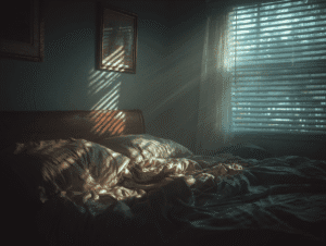 Sunlight streams through white blinds casting striped shadows on a messy bed with rumpled sheets and pillows. The bed has a wooden headboard, and two framed pictures hang on the dark wall above. The scene feels quiet and peaceful.