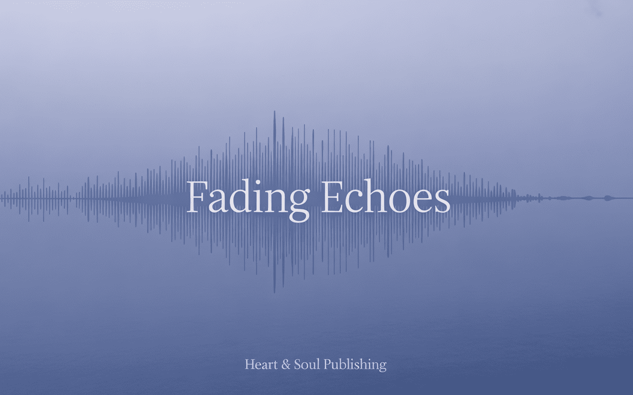 The image shows a minimalist, blue-toned background with a stylized soundwave forming a horizontal line. In the center, large text reads “Fading Echoes.” Below, smaller text says “Heart & Soul Publishing.” The overall look is calm and serene.