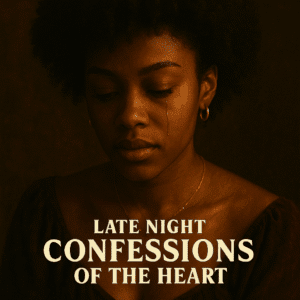 A young woman with dark skin looks down sadly as a tear rolls down her cheek. The background is dark and warm-toned. Large text at the bottom reads: “Late Night Confessions of the Heart.”.