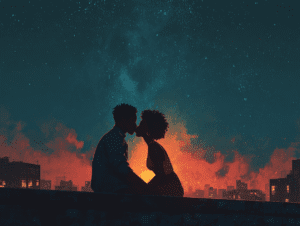 A silhouetted couple sits close together on a rooftop at night, leaning in for a kiss. Behind them, city buildings glow with yellow lights, and a fiery orange-red sky fades into a star-filled night, creating a romantic, dreamy atmosphere.
