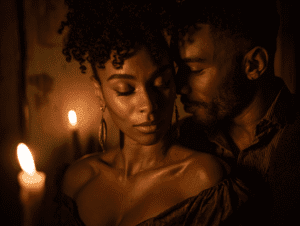 A woman with curly hair and gold earrings stands with her eyes closed, illuminated by warm candlelight. Behind her, a man gently leans close, his face near hers, in an intimate, romantic setting with soft, moody lighting.
