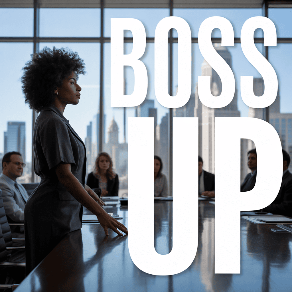 A confident woman stands at a conference table in a bright office, colleagues seated around her. Large text reads “BOSS UP.” City skyline visible through tall windows, evoking empowerment and leadership in a professional setting.