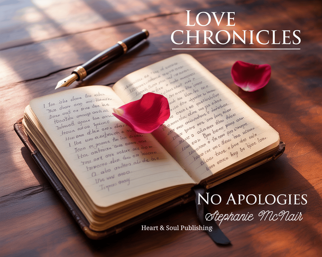 A journal lies open on a wooden table with handwritten text and two red rose petals. A fountain pen rests nearby. The text overlay reads “Love Chronicles, No Apologies, Stephanie McNair, Heart & Soul Publishing.” Warm, natural lighting.